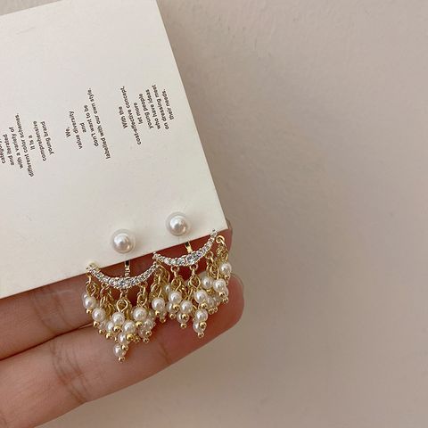 1 Pair Elegant Tassel Inlay Imitation Pearl Metal Rhinestones Drop Earrings