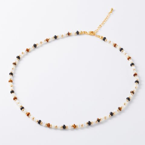 Retro Geometric Agate Tiger Eye Plating 18k Gold Plated Necklace