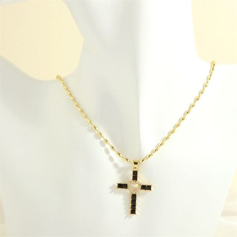 Simple Style Cross Heart Shape Copper 18k Gold Plated Zircon Pendant Necklace In Bulk