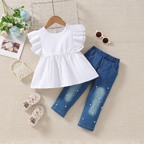 Simple Style Solid Color Pearl Ruffles Cotton Girls Clothing Sets