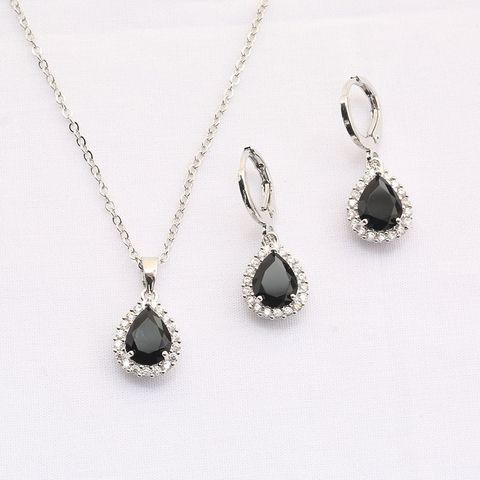 Copper Rhodium Plated Casual Simple Style Korean Style Inlay Round Water Droplets Zircon Earrings Necklace