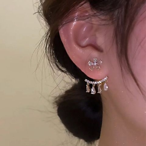 1 Pair Sweet Water Droplets Flower Inlay Sterling Silver Copper Zircon Drop Earrings