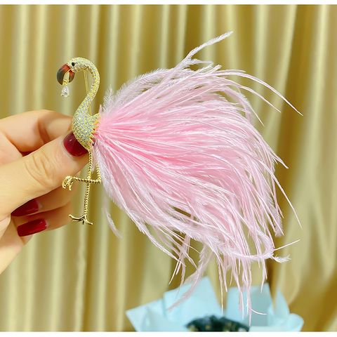 Cute Flamingo Copper Plating Feather Inlay Zircon Women's Brooches