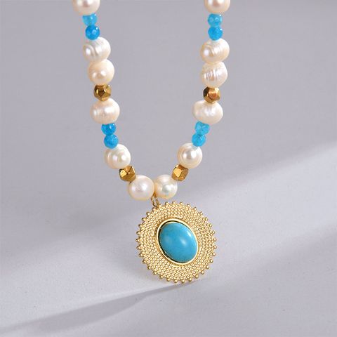 304 Stainless Steel Artificial Pearl Natural Stone 14K Gold Plated Simple Style Beaded Plating Oval Natural Stone Necklace