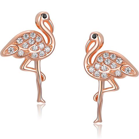 1 Pair Cute Flamingo Plating Inlay Sterling Silver Zircon Ear Studs