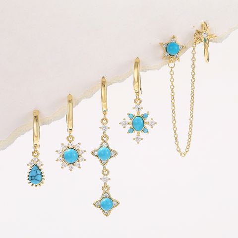 Casual Simple Style Pentagram Tassel Brass 18k Gold Plated Turquoise Zircon Earrings In Bulk