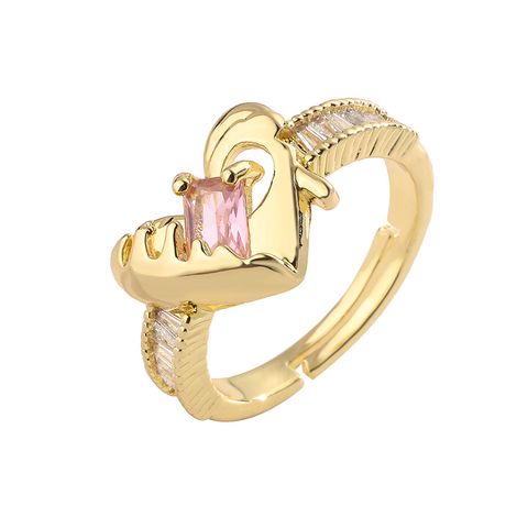 Luxurious Bear Heart Shape Copper Gold Plated Zircon Open Rings In Bulk