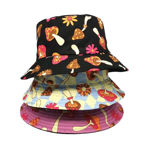 Women's Cute Flower Mushroom Printing Flat Eaves Bucket Hat