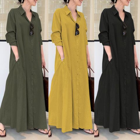 Simple Style Solid Color Maxi Dresses Cotton Hemp Printing Pocket Shirt Dress Maxi Long Dress Dresses