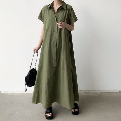 Simple Style Solid Color Maxi Dresses Cotton And Linen Button Shirt Dress Maxi Long Dress Dresses