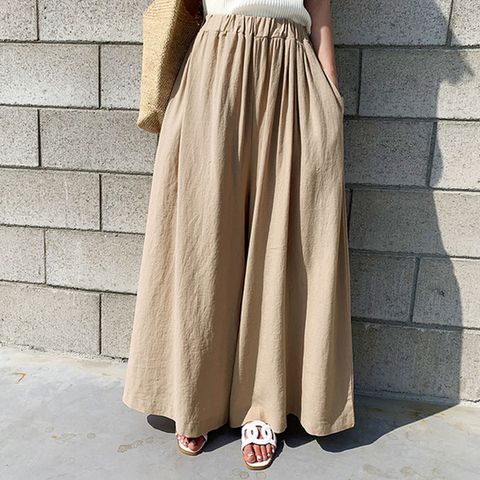 Simple Style Solid Color Pants Cotton And Linen Pleated Wide Leg Pants Bottoms