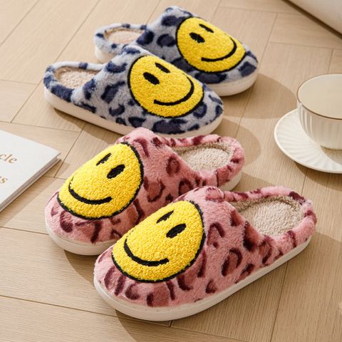 Unisex Casual Vintage Style Smiley Face Leopard Round Toe Cotton Slippers