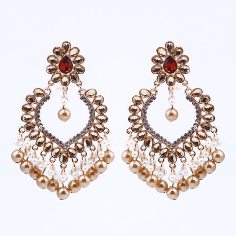 Elegant Ethnic Style Water Droplets Imitation Pearl Alloy Inlay Rhinestones Women's Chandelier Earrings