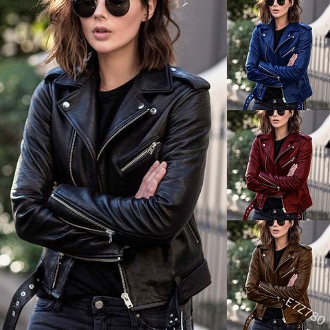 Women's Streetwear Solid Color Zipper Zipper Leather Jacket Jacket