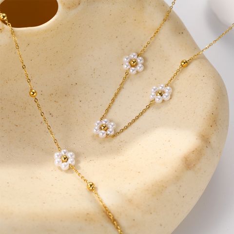 Großhandel Süss Blume Rostfreier Stahl Perlen Überzug Inlay 14 Karat Vergoldet Süßwasserperle Armbänder Halskette