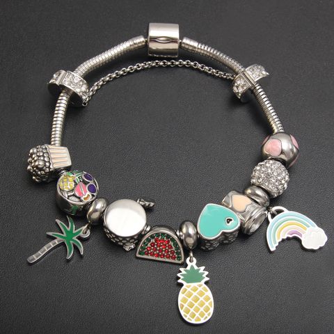1 Piece 304 Stainless Steel Zircon Rainbow Heart Shape Pineapple Polished Pendant Beads Chain