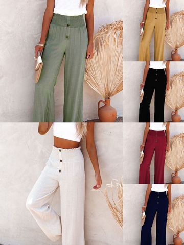 Women's Daily Simple Style Solid Color Full Length Button Wide Leg Pants