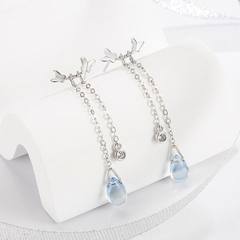 1 Pair Simple Style Water Droplets Butterfly Plating Inlay Sterling Silver Moonstone White Gold Plated Drop Earrings