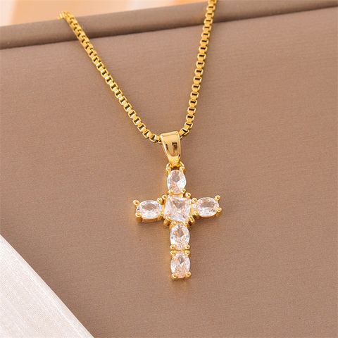 201 Stainless Steel 18K Gold Plated Sweet Plating Inlay Round Oval Heart Shape Artificial Diamond Pendant Necklace