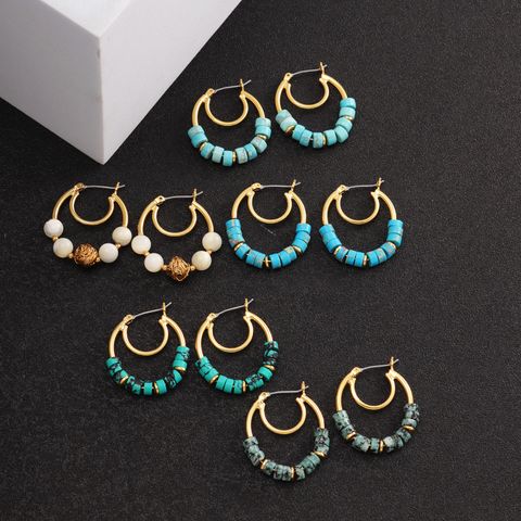 1 Pair Casual Streetwear Round Beaded Plating Turquoise Copper 18k Gold Plated Earrings