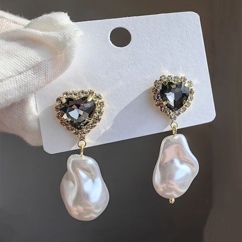 1 Pair Original Design Heart Shape Inlay Imitation Pearl Artificial Diamond Drop Earrings