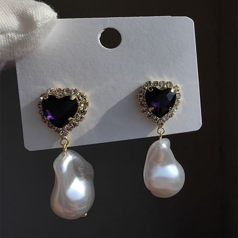 1 Pair Original Design Heart Shape Inlay Imitation Pearl Artificial Diamond Drop Earrings