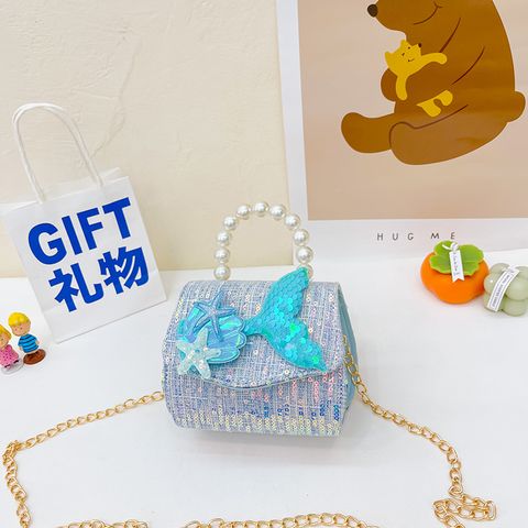 Girl's Small Cotton Shell Fish Tail Cute Sequins Pearls Square Flip Cover Crossbody Bag