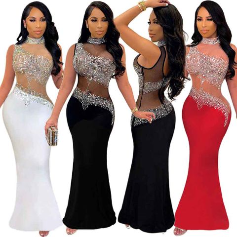 Women's Party Dress Sexy High Neck See-through Diamond Backless Sleeveless Solid Color Maxi Long Dress Banquet Party