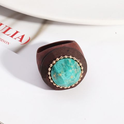 Vintage Style Simple Style Streetwear Round Wood Inlay Turquoise Women's Rings
