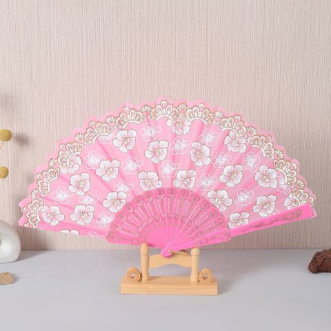 Single Pink And Bronze Flower Portable Folding Fan Dance Decorative Fan