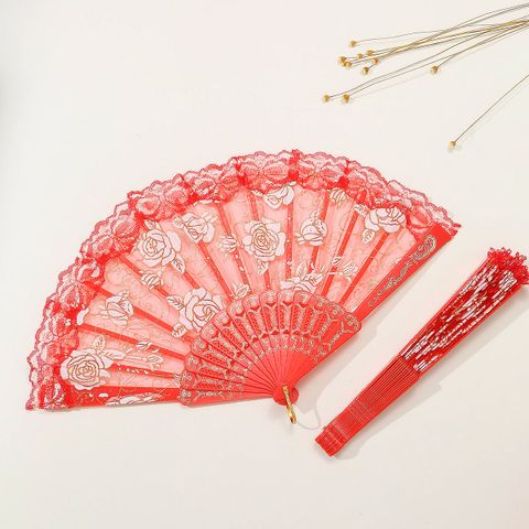Single Bronzing Rose Folding Fan Dance Lace Fan Wedding Gift Fan