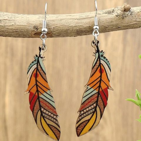 1 Pair Vintage Style Simple Style Feather Alloy Wood Drop Earrings