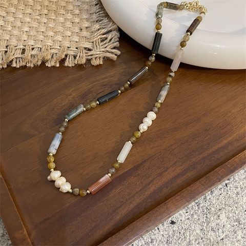 Retro Color Block Natural Stone Freshwater Pearl Glass Necklace