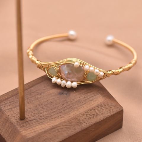 Retro Solid Color Stainless Steel Freshwater Pearl Plating 18k Gold Plated Bangle