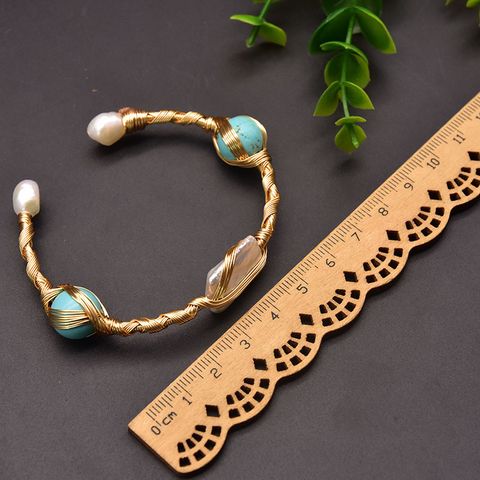 Original Design Multicolor Turquoise Freshwater Pearl Copper Plating 18k Gold Plated Cuff Bracelets