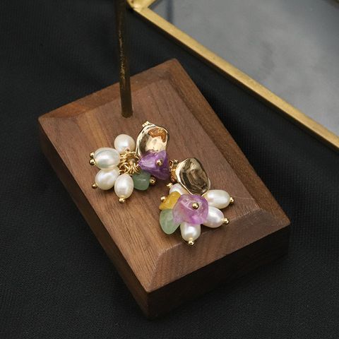 1 Pair Original Design Flower Plating Freshwater Pearl Sterling Silver 18k Gold Plated Drop Earrings