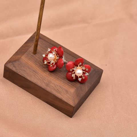 1 Pair Ethnic Style Flower Plating Inlay Copper Freshwater Pearl Zircon 18k Gold Plated Drop Earrings