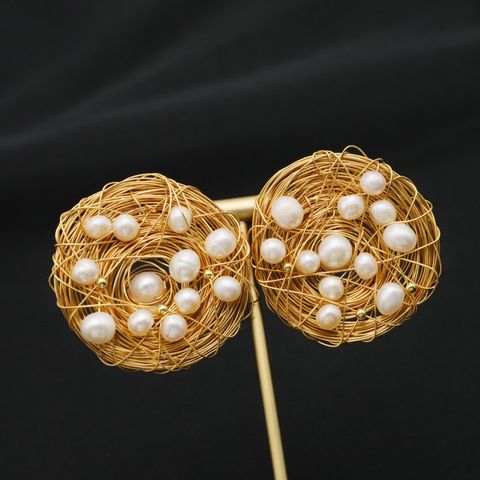 1 Pair Retro Geometric Plating Freshwater Pearl Mixed Materials 18k Gold Plated Ear Studs