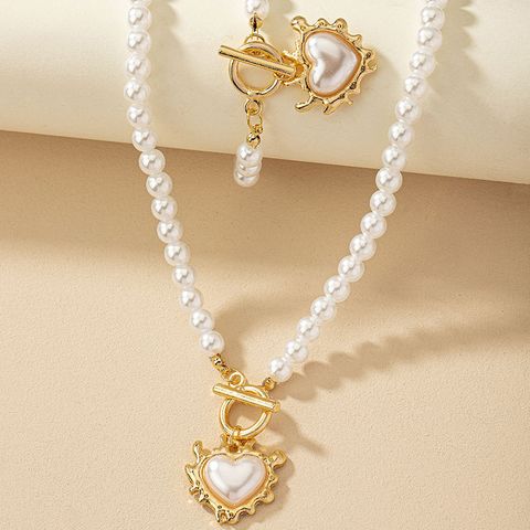 Retro Commute Heart Shape Imitation Pearl Rhinestone Beaded Inlay Rhinestones Pearl Women's Jewelry Set