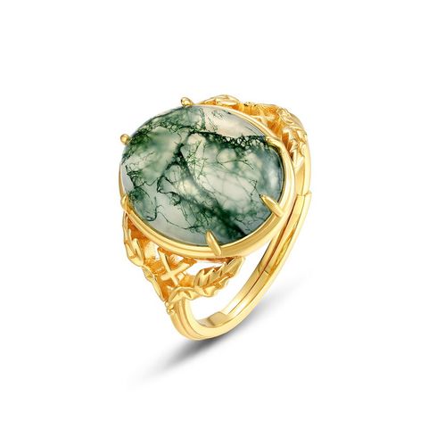 Luxurious Geometric Sterling Silver Plating Moss Agate 10k Gold Plated Open Rings