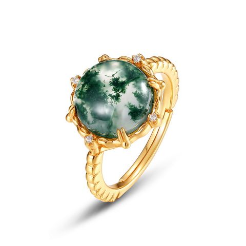 Glam Luxurious Geometric Round Sterling Silver Plating Rhinestones Moss Agate Gold Plated Open Rings