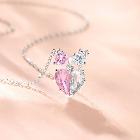 Sweet Heart Shape Bow Knot Sterling Silver Plating Inlay Zircon Pendant Necklace