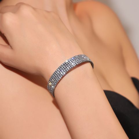 Streetwear Solid Color Titanium Steel Plating Inlay Rhinestones Silver Plated Cuff Bracelets