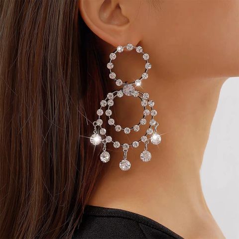 1 Pair Elegant Streetwear Double Ring Water Droplets Tassel Inlay Alloy Artificial Crystal Drop Earrings