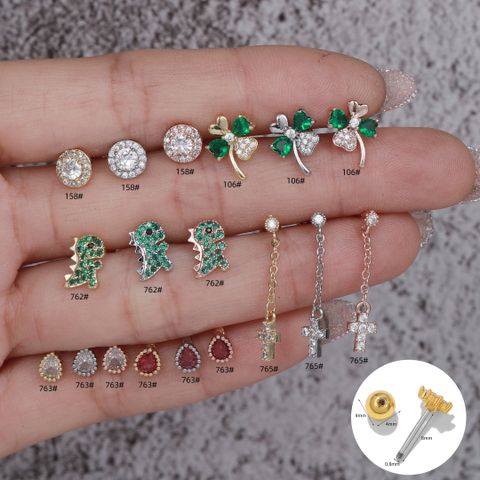 1 Piece Ig Style Simple Style Cross Four Leaf Clover Dinosaur Plating Inlay Brass Zircon 18k Gold Plated White Gold Plated Ear Studs