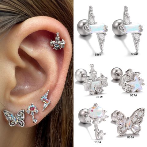 1 Piece Ig Style Simple Style Castle Star Butterfly Plating Inlay Brass Zircon 18k Gold Plated White Gold Plated Ear Studs