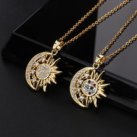 Casual Streetwear Moon Copper Zircon Pendant Necklace In Bulk