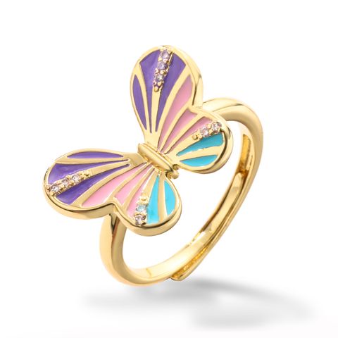 Elegant Beach Sweet Butterfly Copper Enamel Plating Inlay Zircon 18k Gold Plated Open Rings