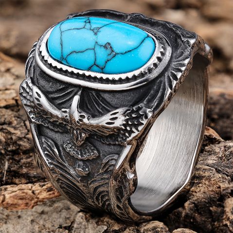 Vintage Style Punk Geometric 304 Stainless Steel Inlay Turquoise Men'S Wide Band Rings
