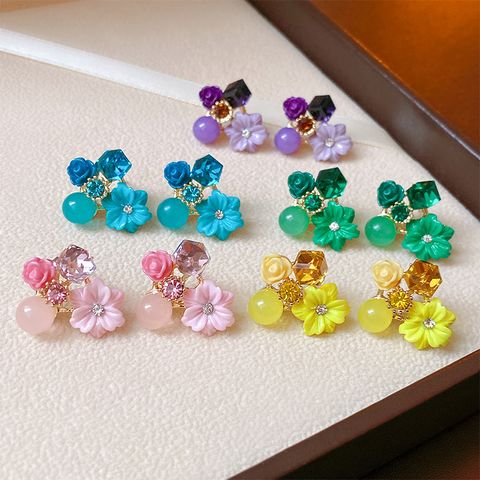Wholesale Jewelry Simple Style Flower Alloy Rhinestones Opal Plating Inlay Ear Studs